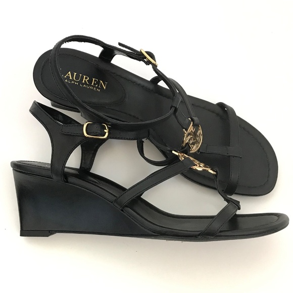 LAUREN RALPH LAUREN Elina Leather Heeled Wedge Sandals Black Women’s Size 9.5 - Picture 2 of 16